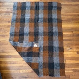 Hudsons Bay Co. 100% Mohair Blanket Made in Scotland Brown Grey Plaid  1930-50s